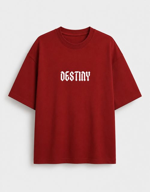 A red short-sleeve crewneck t-shirt with the word 'DESTINY' printed in a white Gothic-style font across the chest, displayed against a light gray background.