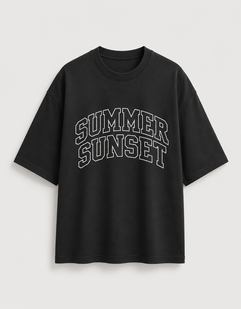 A black  t-shirt with 'SUMMER SUNSET' printed in white arched block letters across the chest, displayed on a light gray background.